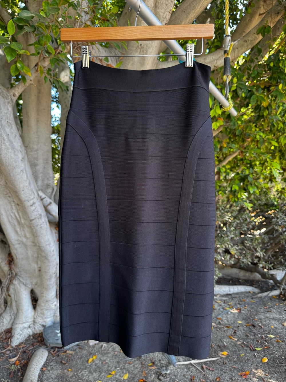 Bebe Black Bandage Midi Pencil Skirt Size S High Waist Bodycon Stretch Zip